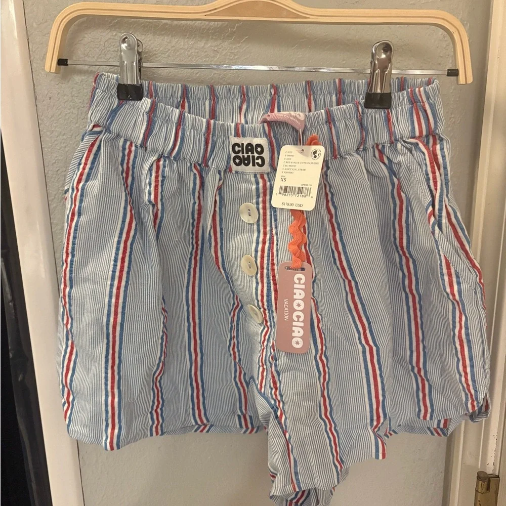 Free People Ciao Ciao Vacation Stripes Boxer Shorts XS Red & Blue Cotton Stripe - Picture 5 of 7